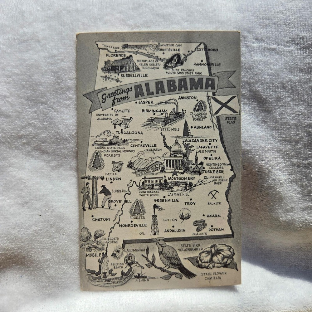 Vintage Greetings from‎ Alabama State Map Postcard Unused Black and White